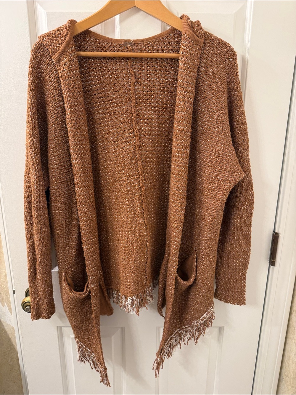Free People Rust-Tone Open Front Fringe Knit Cardigan